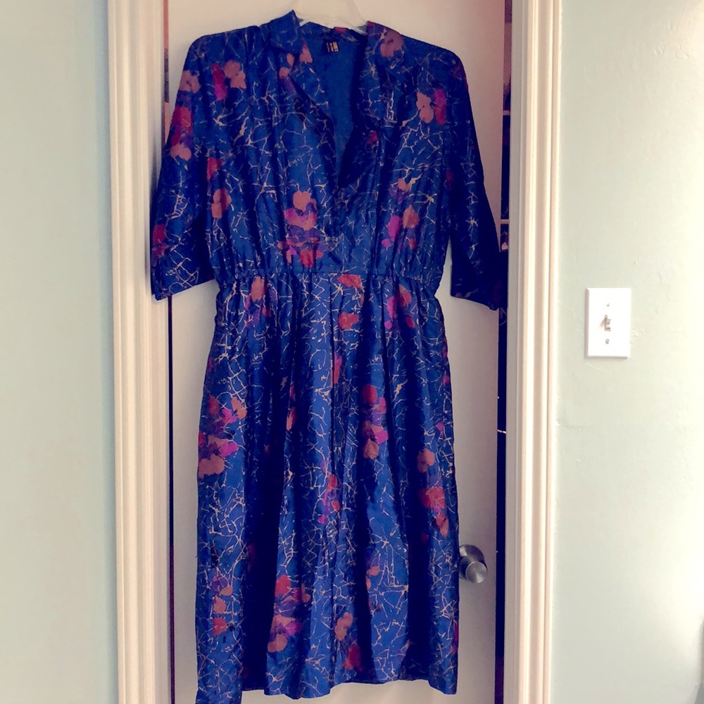 XL royal blue Thai silk dress with sleeves